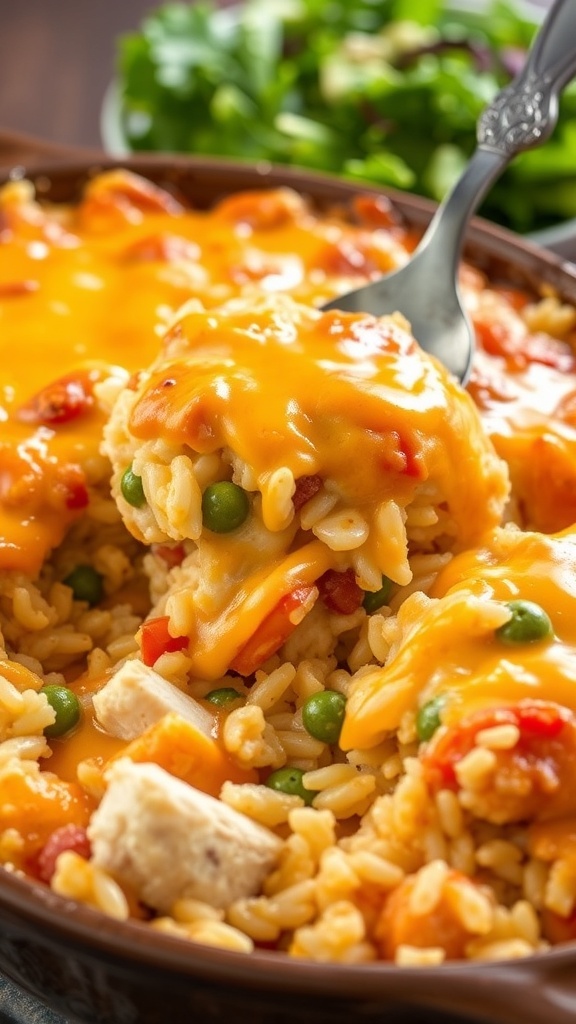 Cheesy chicken and rice casserole with vegetables, golden brown on top, served in a rustic dish.